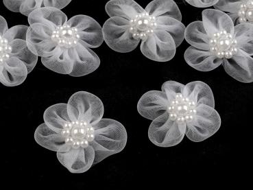 Organza Blüte mit Perlen Ø 30 mm Weiß